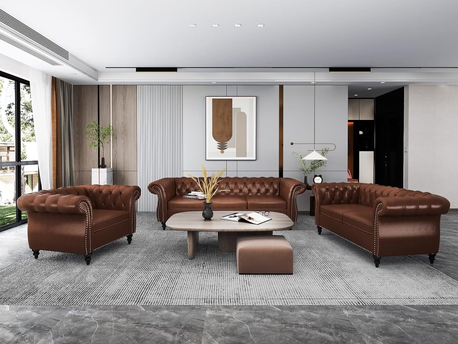 WOODEN WORLD Modern & Classic Leather Sofa Set - Luxurious Comfort, Stylish Design, and Durable Build (Brown, 3+2+1 Seater)-image-16