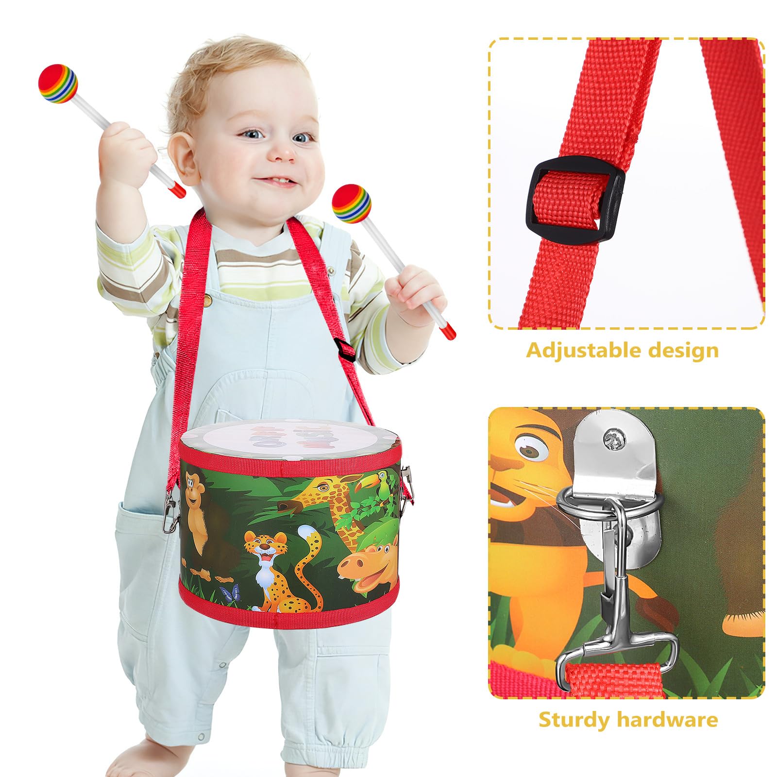 Tamburo Giocattolo per Bambini con Bacchette in Legno Strumento Musicale Educativo per Indoor e Outdoor