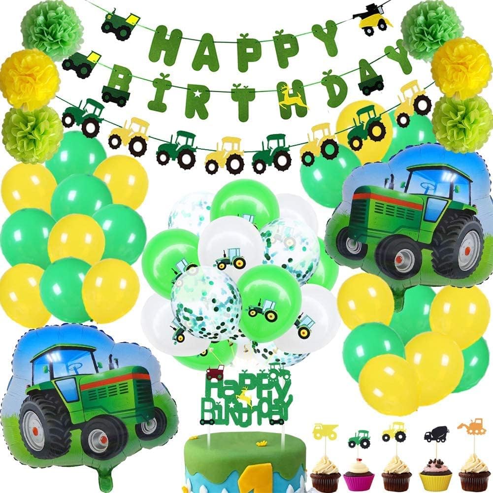68Pcs Farm Green Tractor Supplies Birthday Decorations for John Deere Theme Happy Banner Garland Cupcake Toppers Balloons Girls Boys Kids and Baby Shower