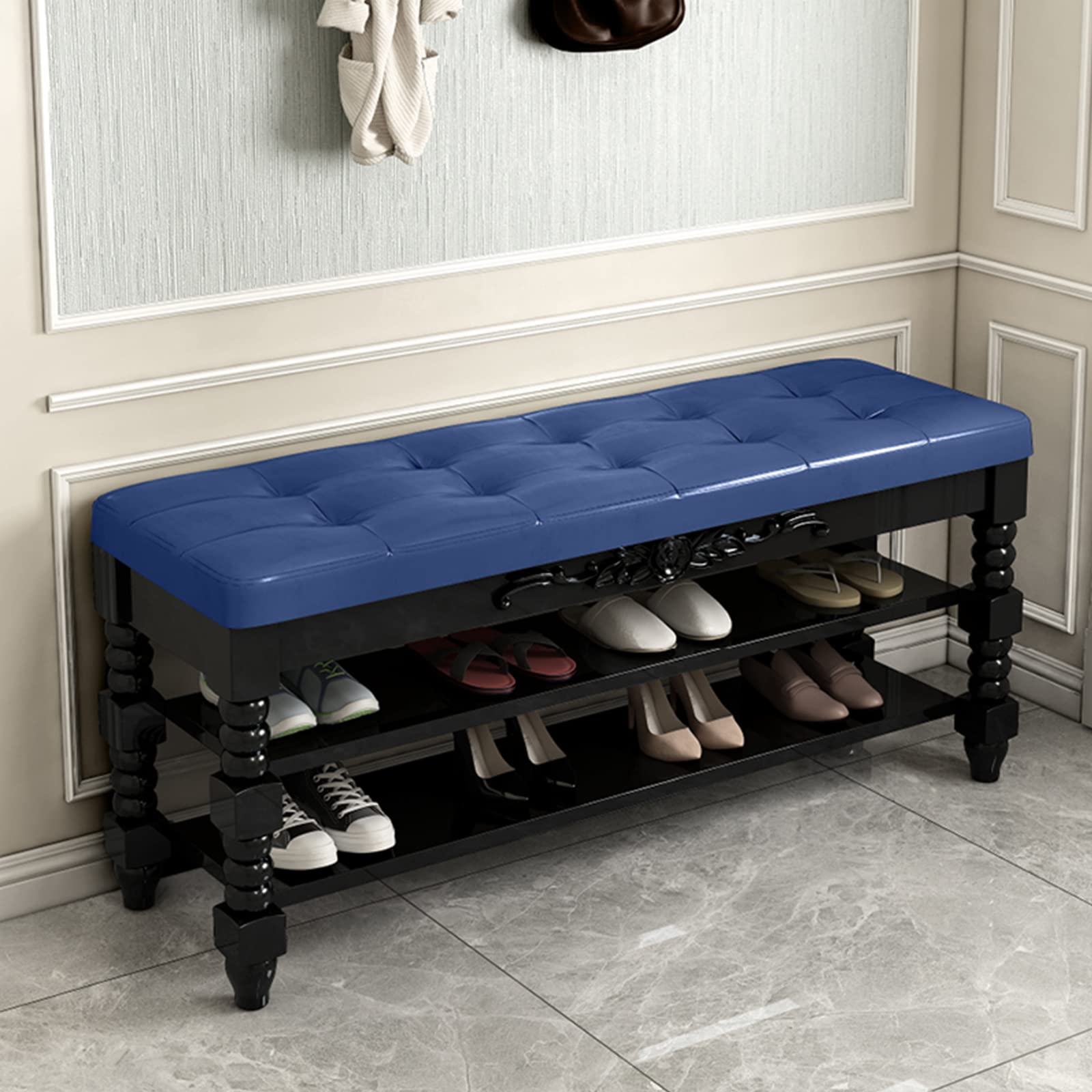 Banc de rangement à chaussures en bois massif bleu 100 x 30 x 48 cm