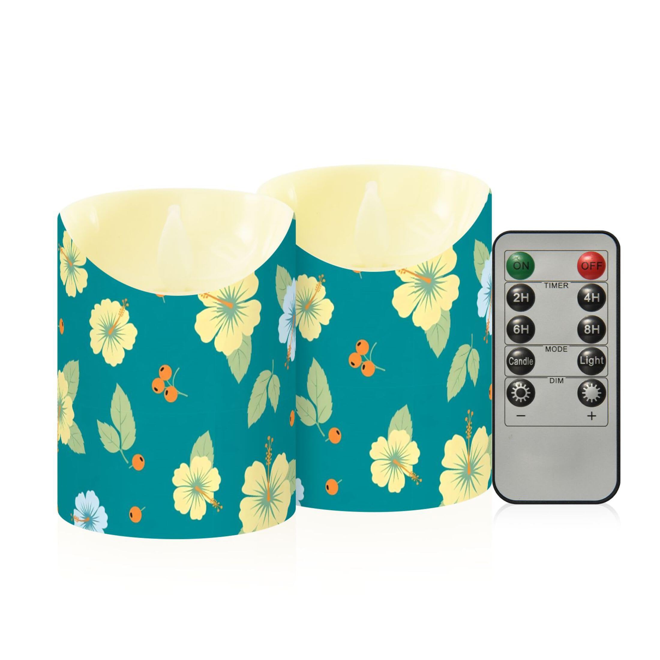 Fuauuyl Hibiscus LED Flameless Candles Flickering Plastic Pillar Candles Battery Operated Votive Candle with Remote Control and Timer, Home Decoration 2 Pack