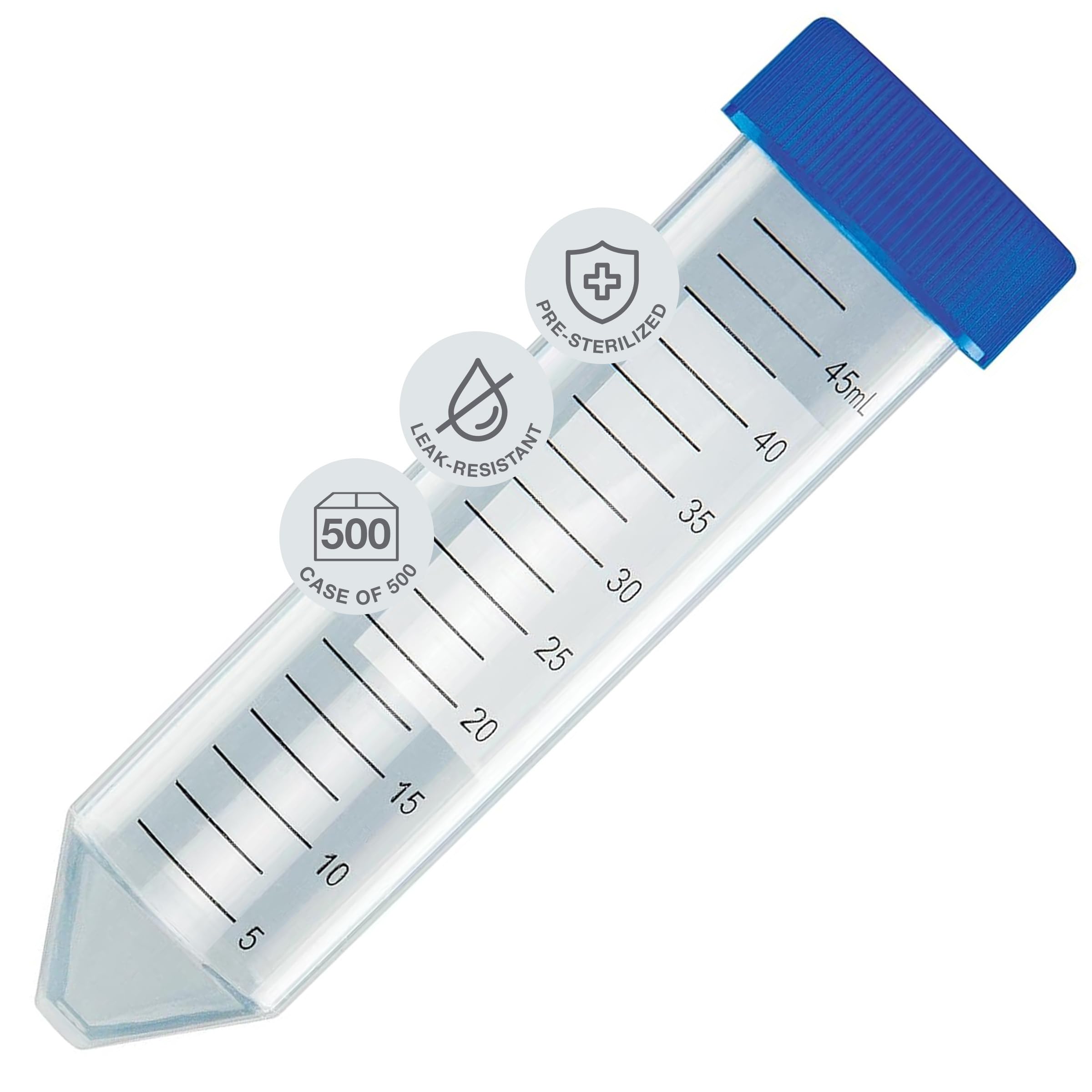 Globe Scientific 50mL Centrifuge Tube with Attached Blue Flat Top Screw Cap, 6288, Polypropylene, Sterile, Printed Graduation, 25/Bag, 500/CS