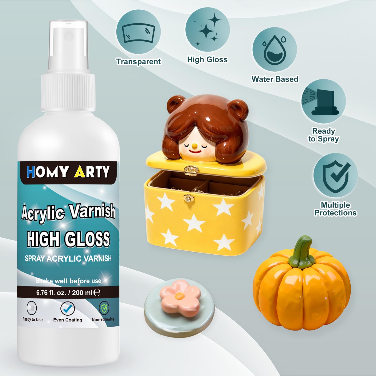 HOMY ARTY Barniz Acrílico en Spray, Barniz de Alto Brillo para Pintura Acrílica, Spray Transparente con Acabado Brillante para Protección Duradera, Listo para Usar en Arcilla y Obras de Arte, 200 ml - 5
