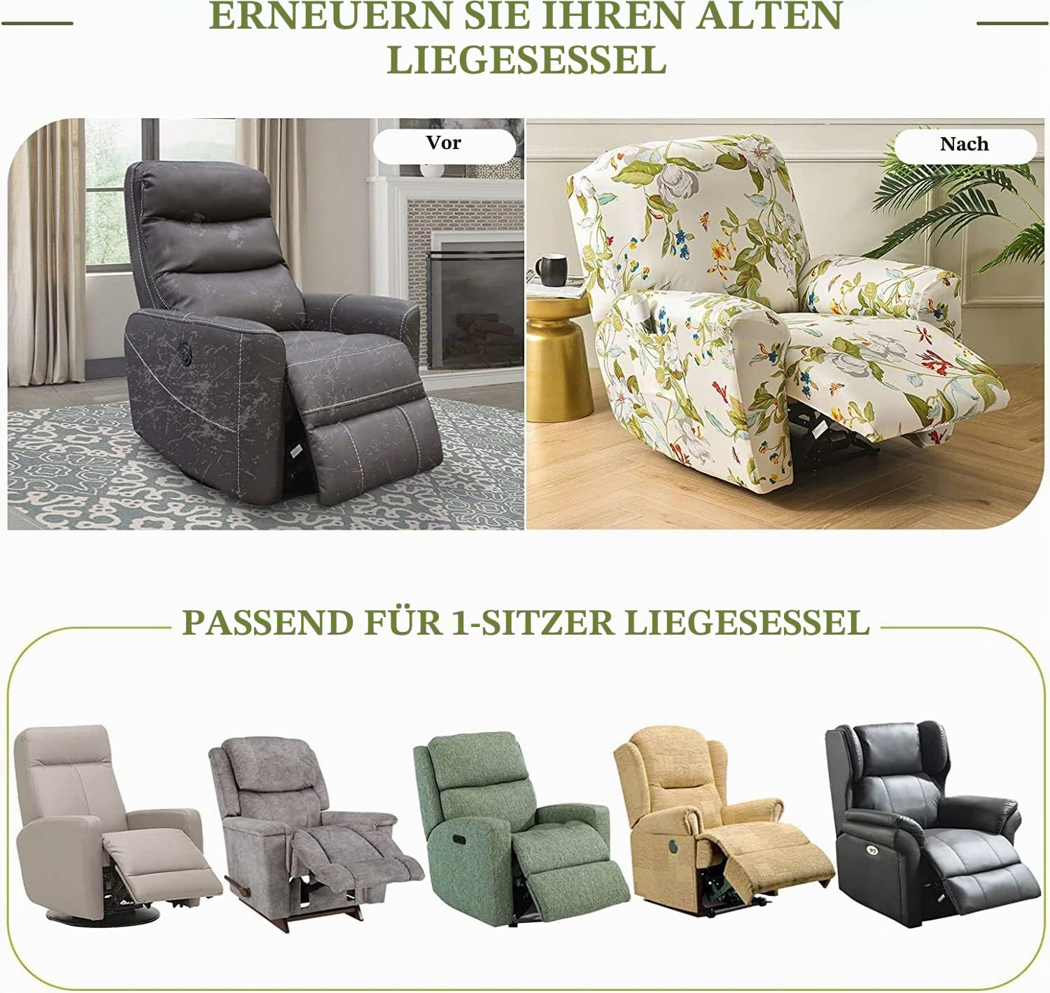 OKYUK Blumenmuster Sesselbezug, Hoch Elastische Stretchhusse für Relaxsessel, Atmungsaktiv & Anti-Rutsch Sesselschoner(gelbe Blume)