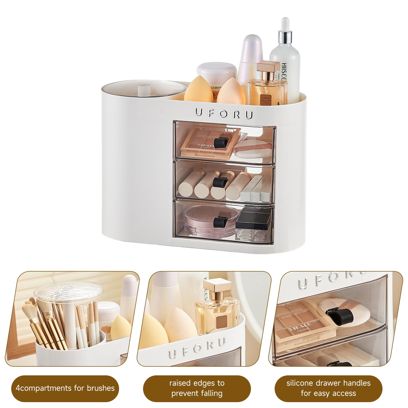 UFORU Organiseur de maquillage pour coiffeuse, comptoir avec porte-pinceaux, blanc