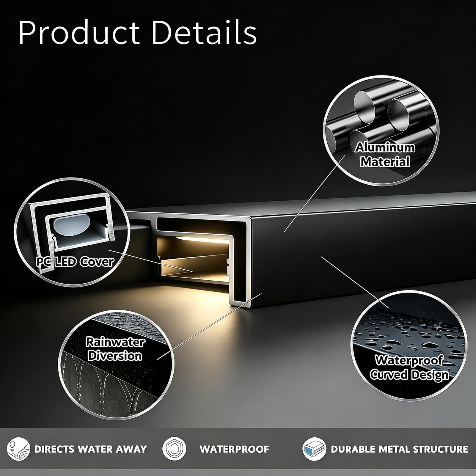 Zakrzywiony aluminiowy rozdzielacz wody z diodami LED, 25 mm i 50 mm