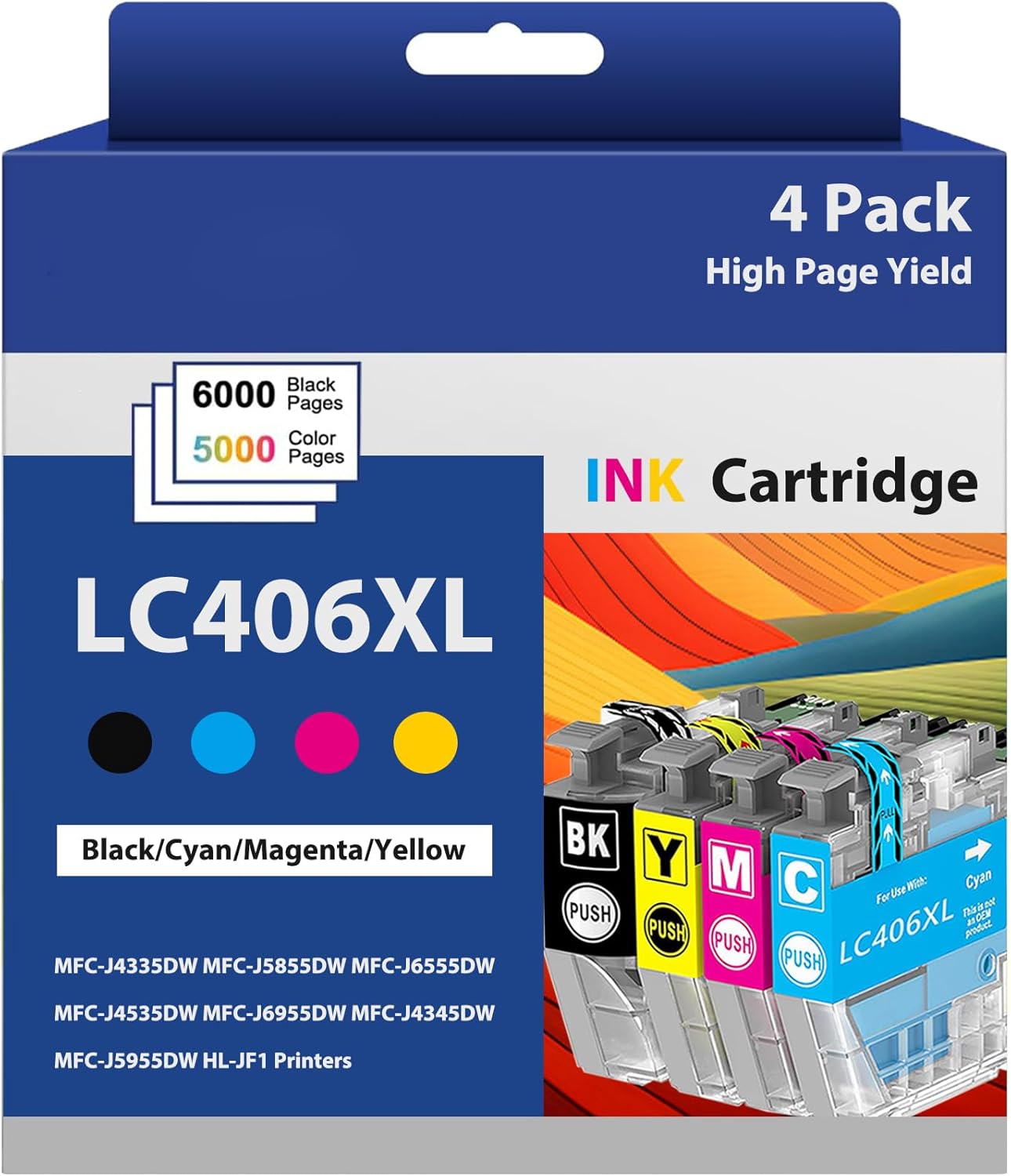 LC406XL Ink Cartridges High Capacity Replacement for LC 406XL LC406 for MFC-J4335DW, MFC-J6555DW, MFC-J4345DW, MFC-J5855DW, MFC-J4535DW,MFC-J6955DW Printer (Black, Cyan, Magenta, Yellow, 4 Pack)