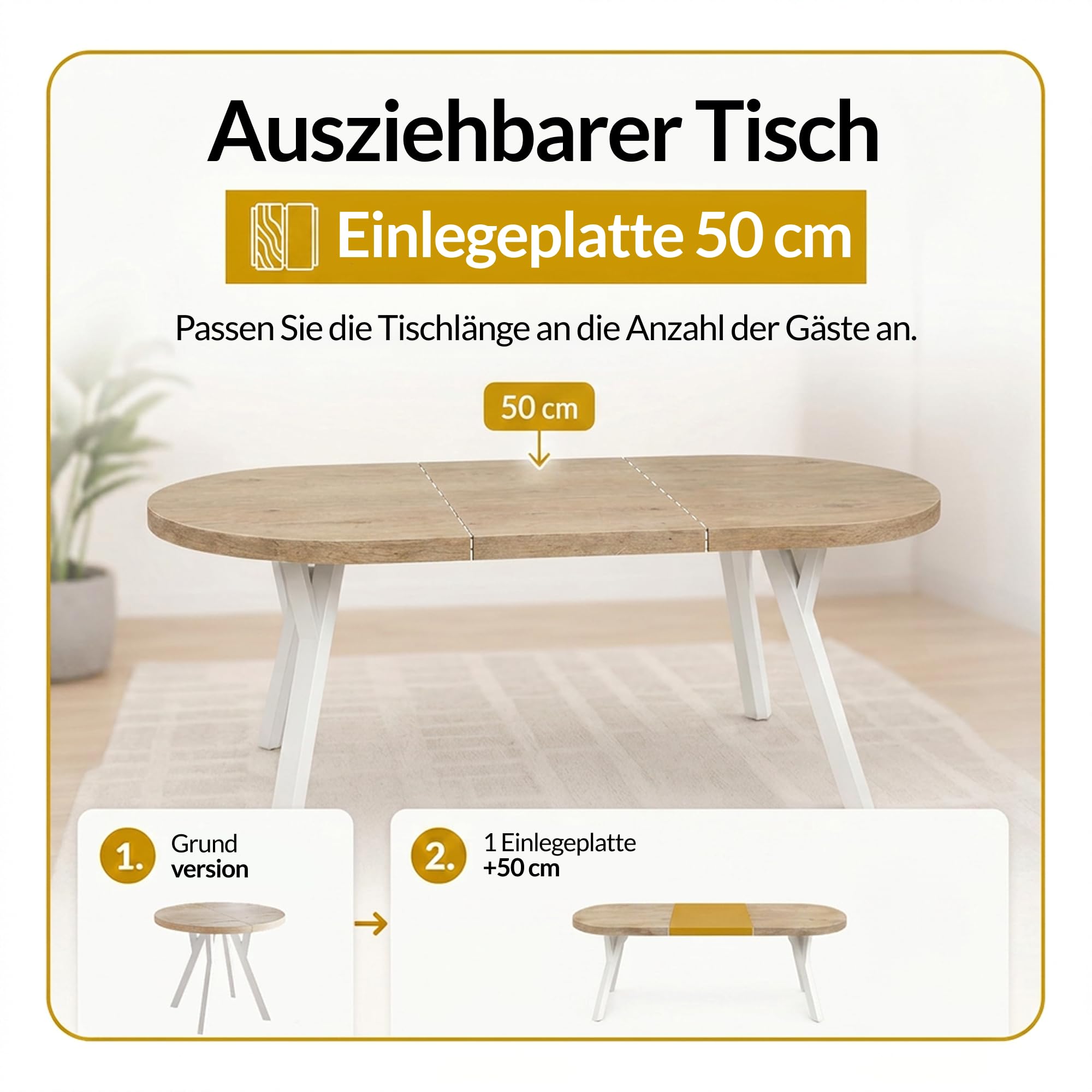 Esstisch Ausziehbar OVO, 80-130cm, Stabile Beine, Sonoma | Runder Tish, Moderner Design, Wohnzimmertisch und Küchentisch, Stabile Konstruktion, Weiße Beine