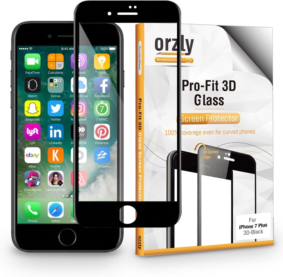 Orzly Screen Protector iPhone 7 Plus, 3D Pro-Fit Tempered Glass Screen Protector [Full Screen Cover] for iPhone 7 Plus – [3D Curved Edges for Seamless Fit] Black Rim Version