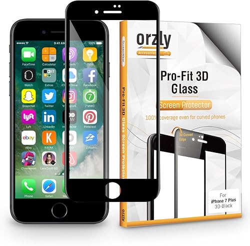 Protettore Schermo iPhone Plus  Orzly   Pro-Fit Protettore schermo vetro temperato  Protettore completo per schermo  per iPhone Plus     NERO  Bordi curvi per una perfetta capienza 