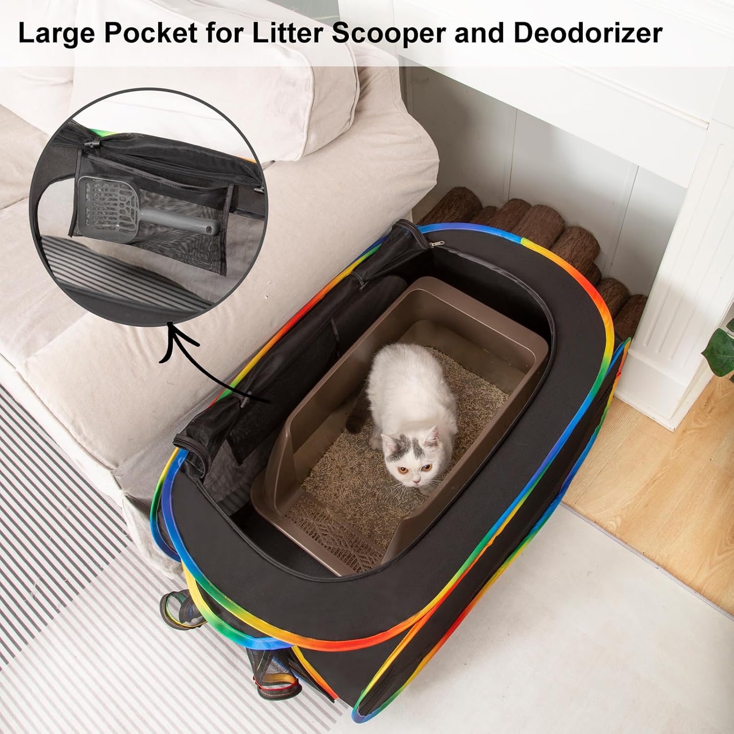 LUCKITTY Portable Cat Litter Box Enclosure, Pop Up Hidden Litter Box Furniture with Big Pocket for Living Room, Bedroom, Made by Waterproof Oxford & Breathable Mesh, Black-Rainbow, 32" L×19" W×19" H