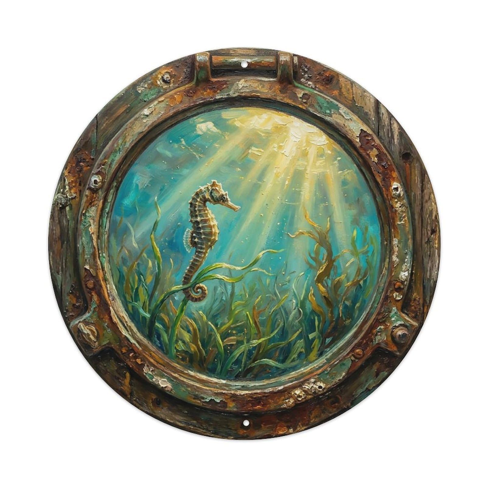Vintage Porthole Seahorse Upright Ship Window Undersea Deep Sea Metal Tin Sign