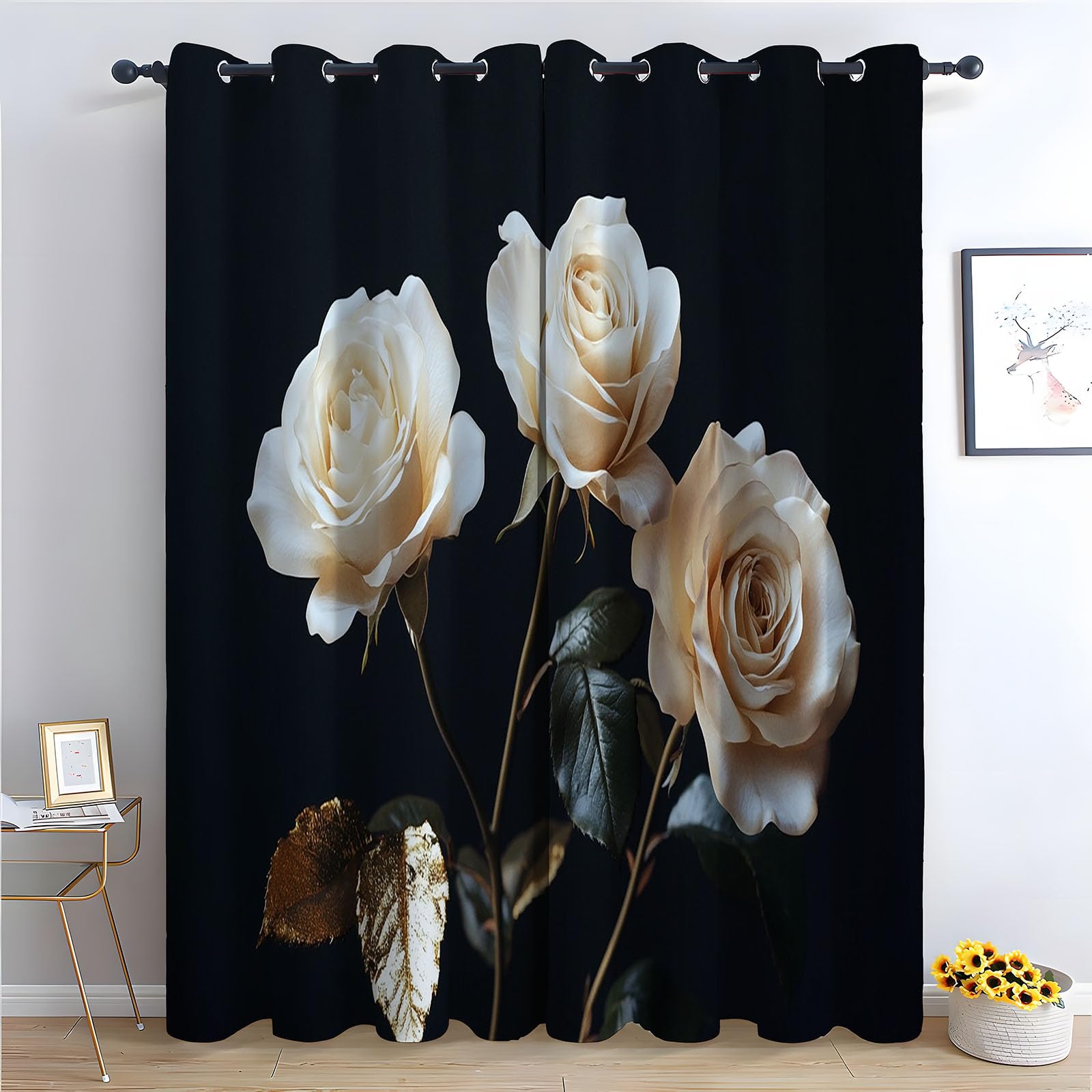 Boho Vintage Blumen Vorhänge Weißes Vintage-Blumenmuster Muster mit Ösen in Grau Schlaufenschal 2er Set für Wohnzimmer Schlafzimmer Kinderzimmer-H230 x B130 cm (2er Pack)