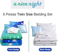 Vista 6 de A Nice Night Juego de ropa de cama de 6 piezas con purpurina degradada para niñas, juego de edredón colorido de galaxia arco iris, juegos de ropa
