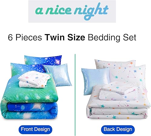 Miniatura 6 de A Nice Night Juego de ropa de cama de 6 piezas con purpurina degradada para niñas, juego de edredón colorido de galaxia arco iris, juegos de ropa de