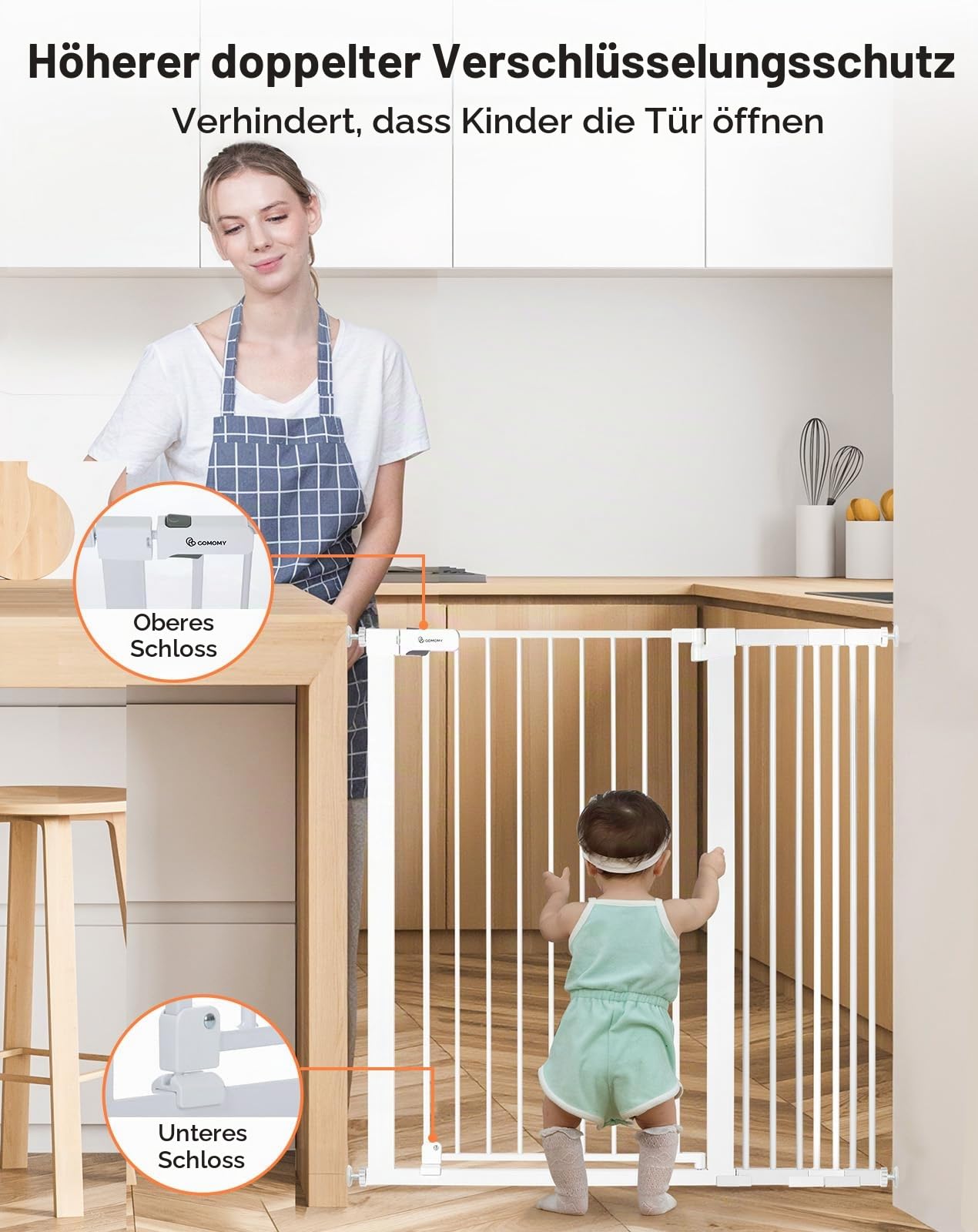 COMOMY 107 cm Extra Hoch Türschutzgitter, 75-110 cm Breit Treppenschutzgitter ohne Bohren, Türgitter für Baby, Kinder, Hund und Katze, Metall, Automatisches Schließen, 90°Stop (Weiß)