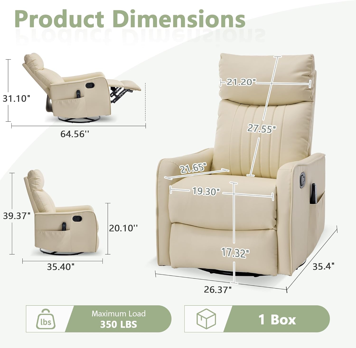 cinkehome Swivel Rocker Recliner, Glider Rocker Recliner Chair for Nursery, Manual Reclining Chair with Heated Massage, Small Spaces, Living Room, Faux Leather Beige