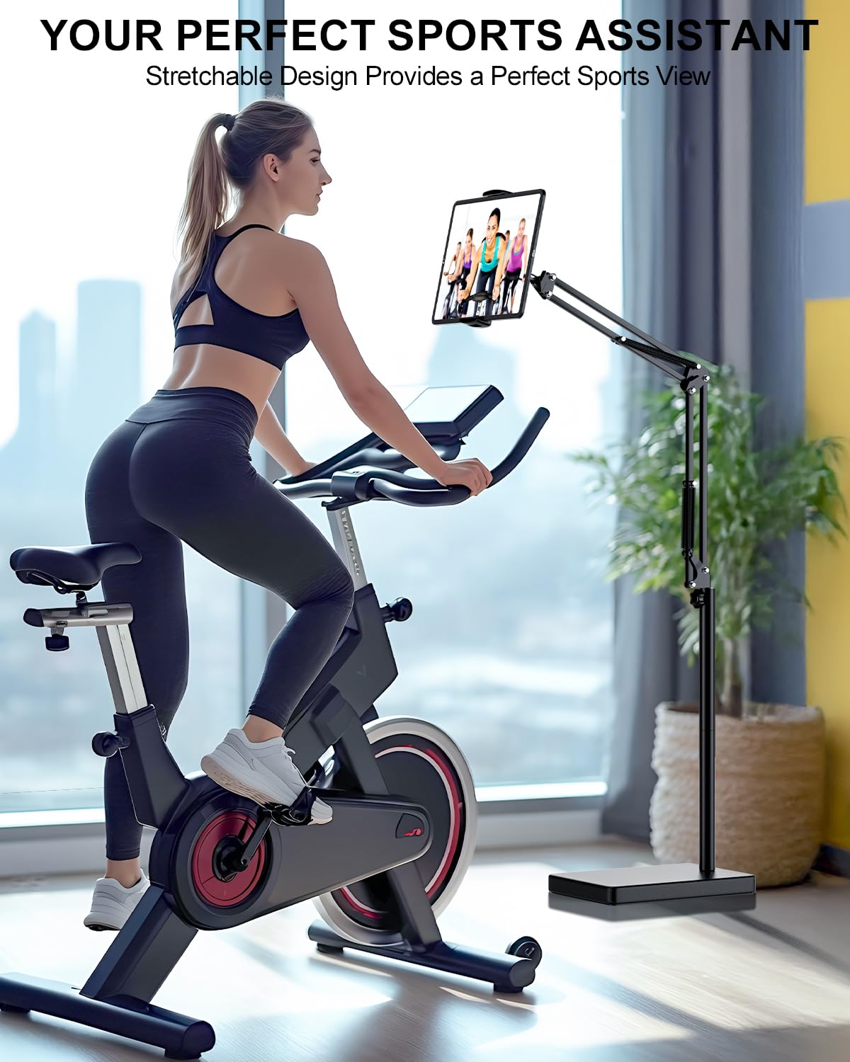 Stojak podłogowy na tablet ze stabilną podstawą o wadze 5 kg i zaciskiem biurkowym, regulowana wysokość, rozciągliwe ramię z obrotowym podwójnym uchwytem, kompatybilny z iPhone, iPad Pro Air