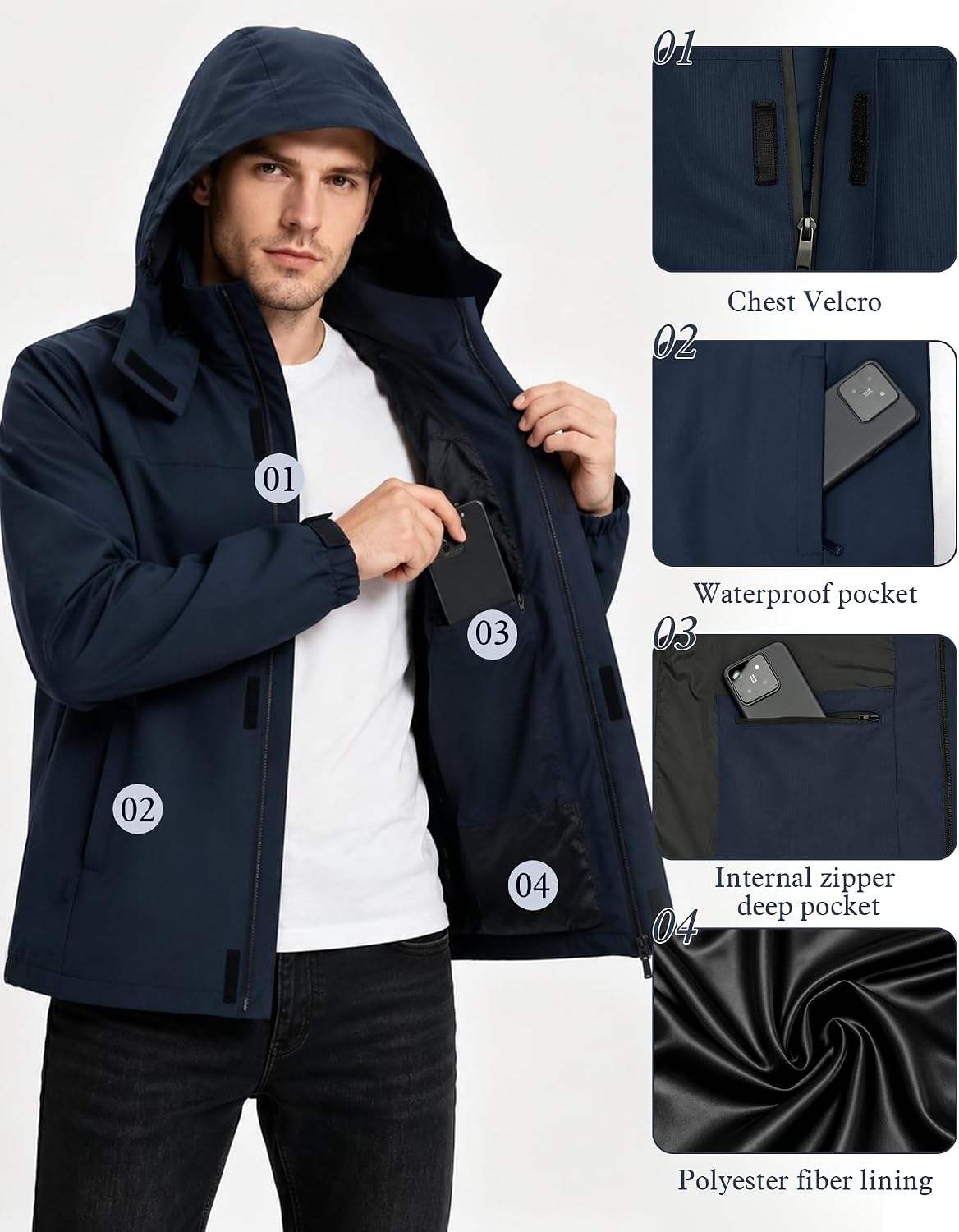 Men's Waterproof Rain Jacket Lightweight Raincoat & Windbreaker with Detachable Hood for cycling Hiking Travel