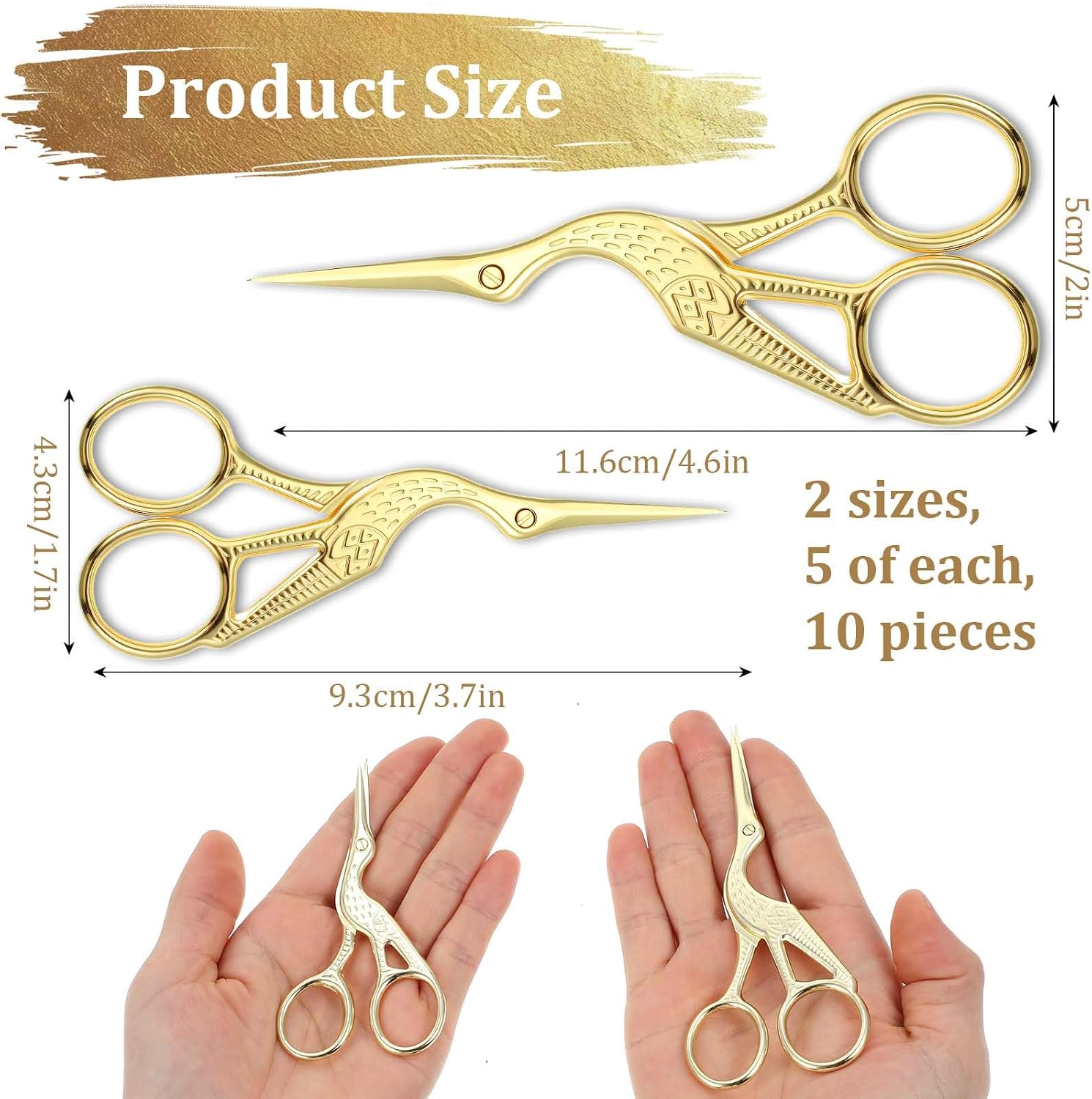 10 Pieces Small Gold Embroidery Scissors Bulk, 3.7" and 4.6" each of 5, Crane Sewing Scissors Vintage Sharp Detail Shears for Craft, Artwork, Needlework Yarn, Handicraft DIY Tool, Thread Snips