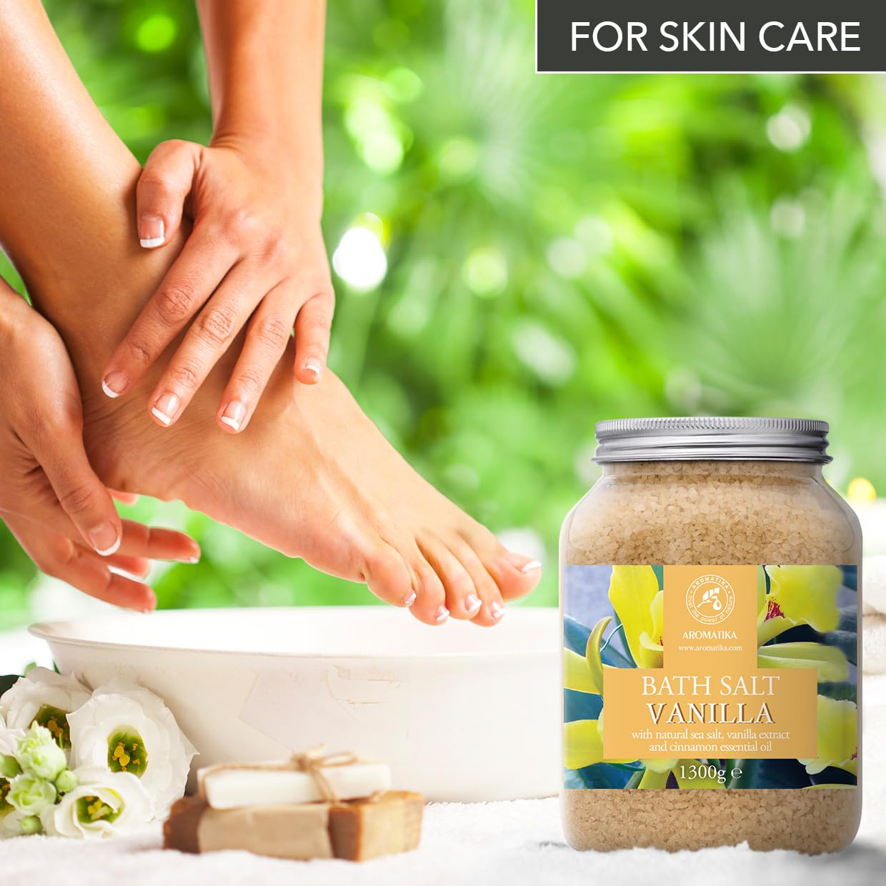 Sal de Baño Vainilla 1300g - Sales de Baño Marinas con Extracto de Vainilla y Aceite Esencial de Canela - Relajación - Belleza - Baños - Cuidado Corporal