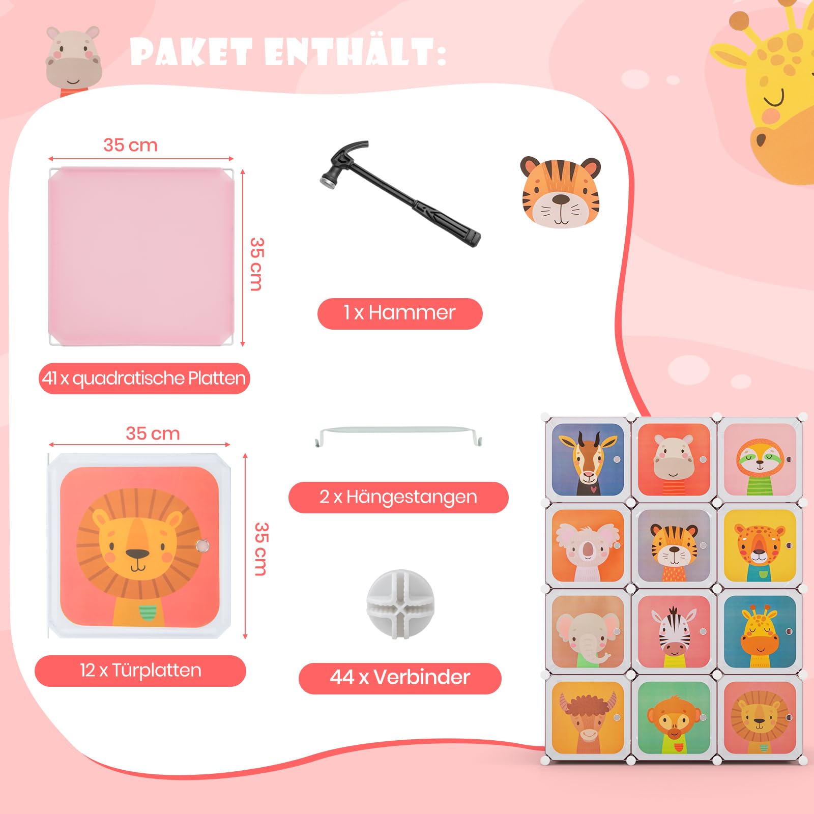 DREAMADE Kinderkleiderschrank mit 8/12 Würfeln, Kinder Kleiderschrank Regalsystem aus Kunststoff, Kinderschrank mit Türen & Kleiderstange für Kinderzimmer, 110x37x145cm (12 Würfeln-Tier-Rosa)