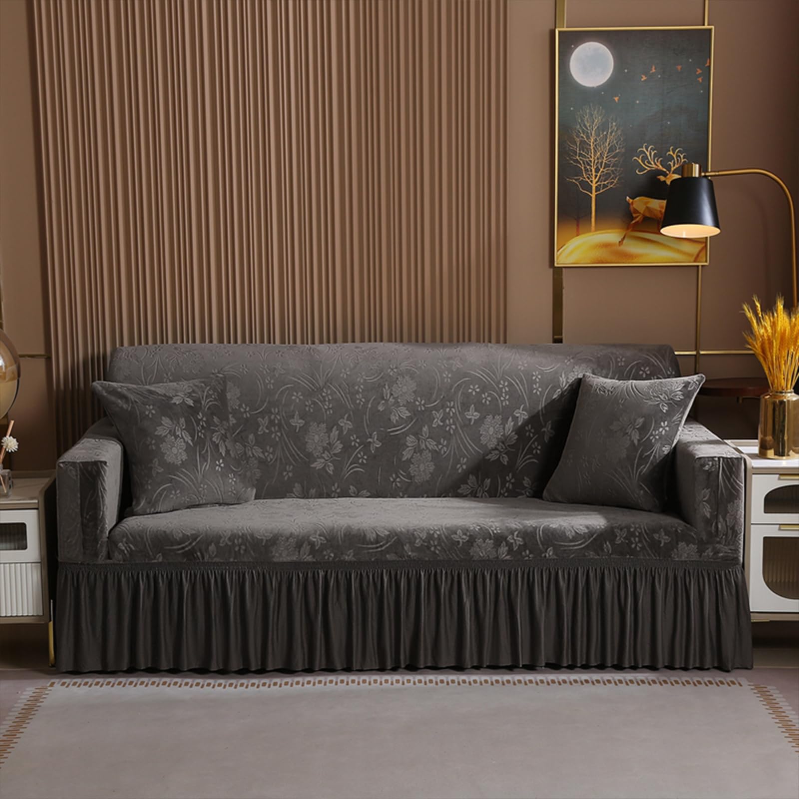 Housse de canapé extensible en velours avec jupe pour salon 2 à 4 places