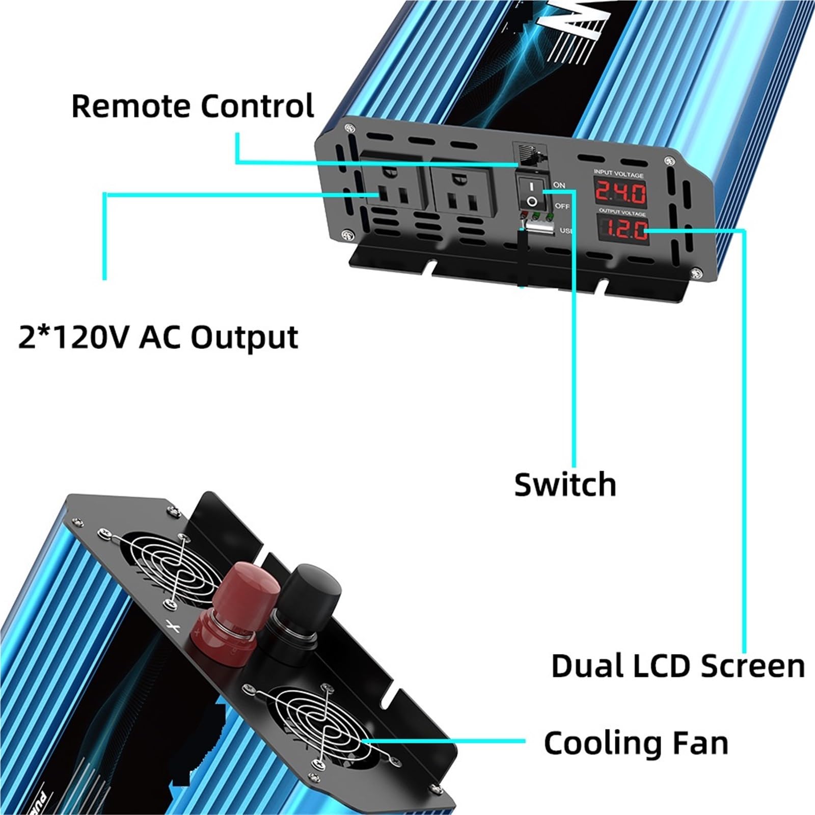 Inversor de Corriente 12 V, 24 a 120 W Onda sinusoidal Pura, 5000 CC a CA for Panel Solar, Camping y Exteriores Protección y Seguridad