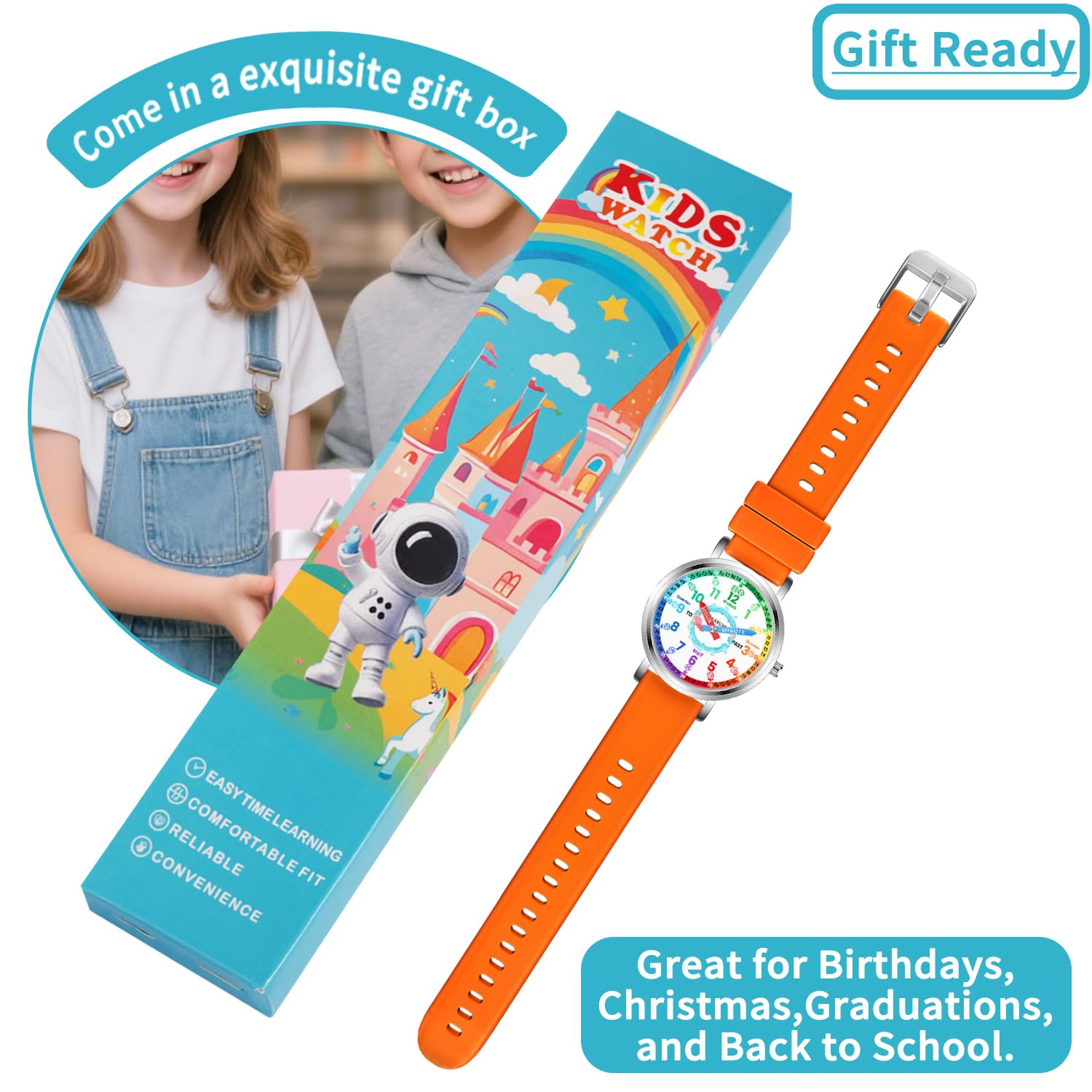 Analoge Kinderuhr, Lernuhr für Kinder von 8–12 Jahren, rosa süßer Wal, wasserdichte Kinderuhren für Jungen im Alter von 5–7, 6–8, Mädchen-Uhren, orangefarbenes Armband