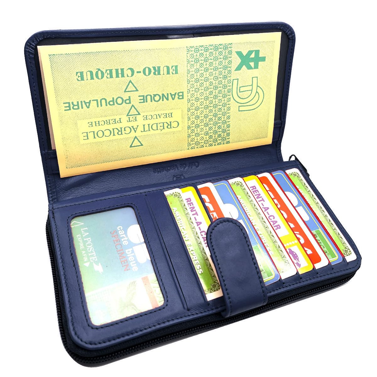 Charmoni - Porte chéquier Talon en Haut - Portefeuille Blocage Anti RFID - Porte Carte Monnaie - Tout en Un - Cuir Vachette - Femme Homme (Bleu)