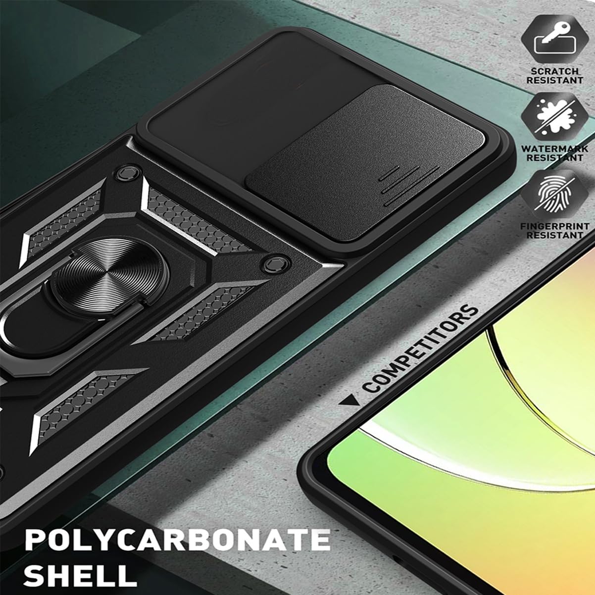 Cover Compatibile con HONOR X7b/HONOR 90 Smart + Vetro Temperato[2 Pack],con slot per Schede e Copertura per Lente Fotocamera Scorrevole,360°Rotante Anello Supporto,Nero