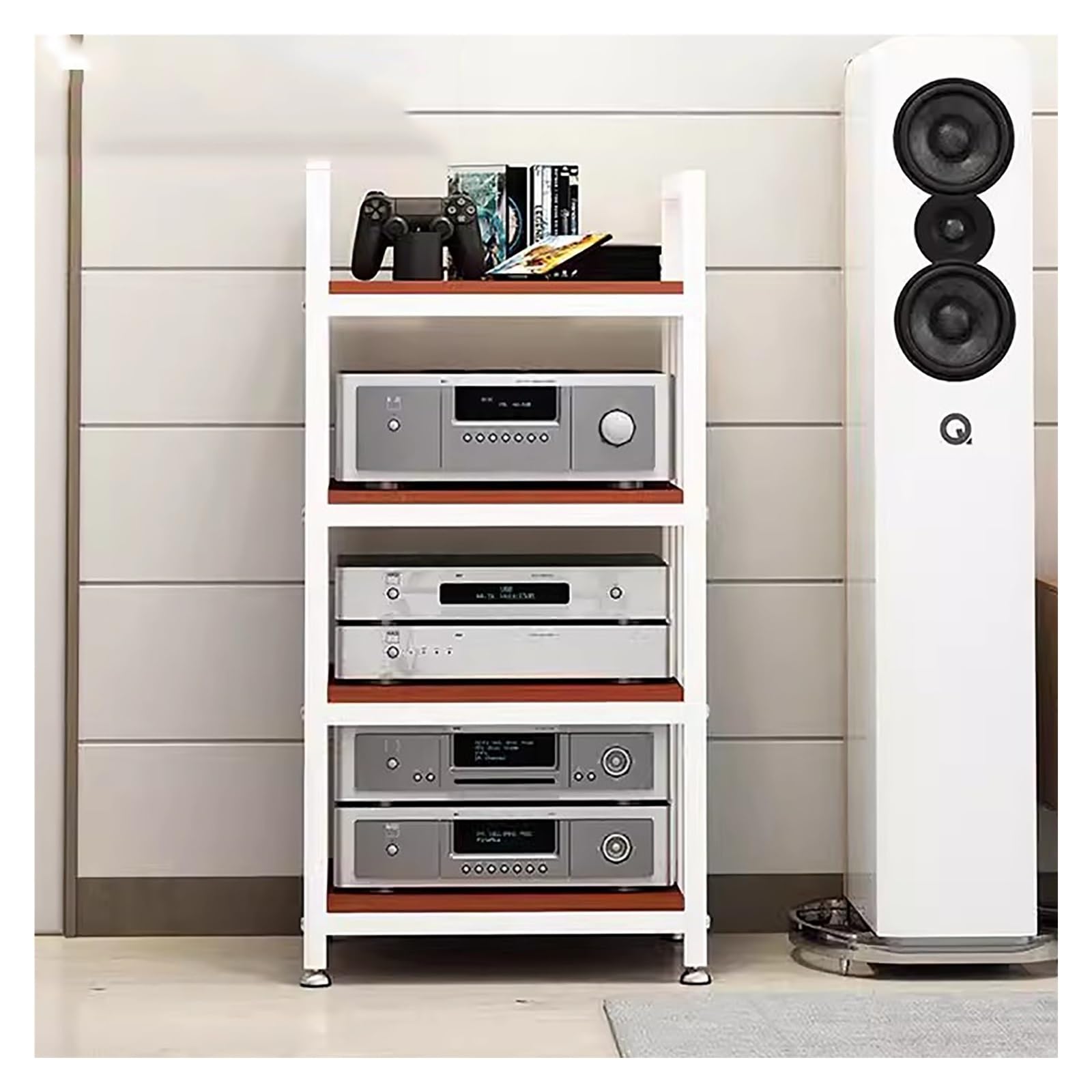 Domowe Biuro Salon Szafka Na Sprzęt Stereo Stojak Na Media Wolnostojący, Nowoczesny Sprzęt Audio-Video Regały 4-Półkowe, Otwarta Półka Na Sprzęt Elektroniczny（White-#1-50X40X100Cm）