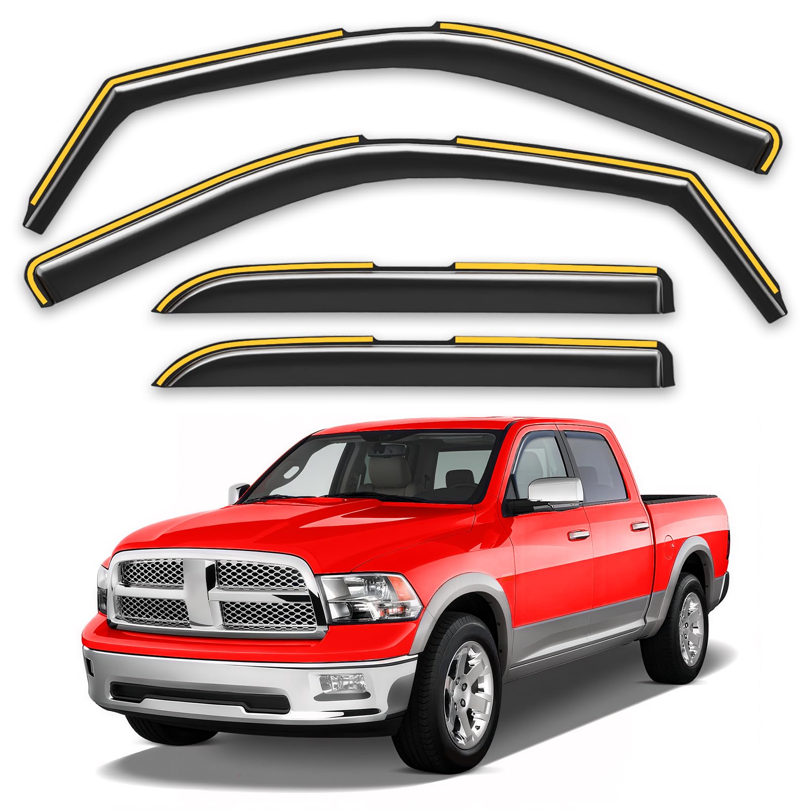 in-Channel Window Rain Guards Fit for Truck Dodge Ram 1500 Crew Cab 2009-2018/Ram 2500&3500 2010-2025 Crew Cab Extra Durable Window Deflectors Window Visors Vent Visors Vent Shades Accessories