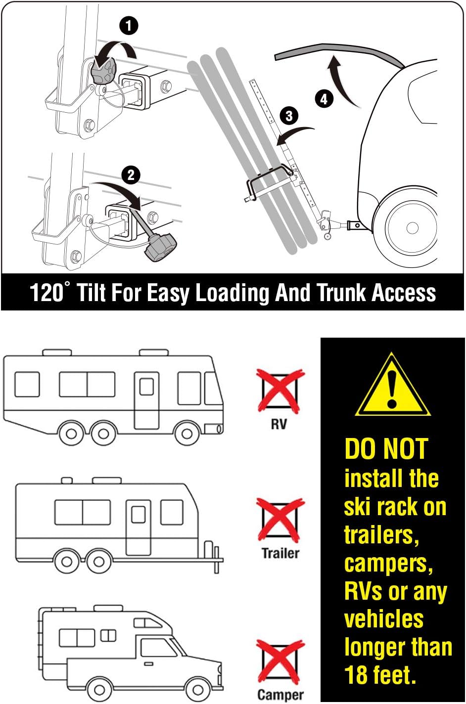Tyger Auto TG-RK1B707B Folding Hitch-Mounted Ski/Snowboard Rack Fits 2" or 1.25" Receiver Carries 6 Pair Skis or 4 Snowboards | Key Lock | Security Strap | Vertical Adjustable | Tilt Access : Sports & Outdoors