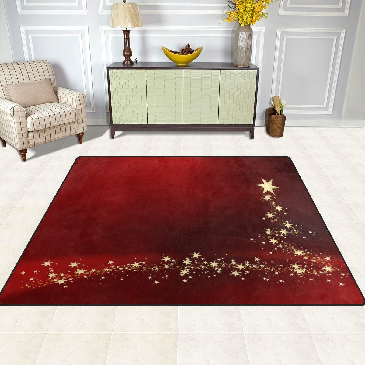 Weihnachts-Teppich mit goldfarbenen Sternen, f¨¹r Wohnzimmer, Schlafzimmer, Textil, Mehrfarbig, 203cm x 147.3cm(7 x 5 feet)