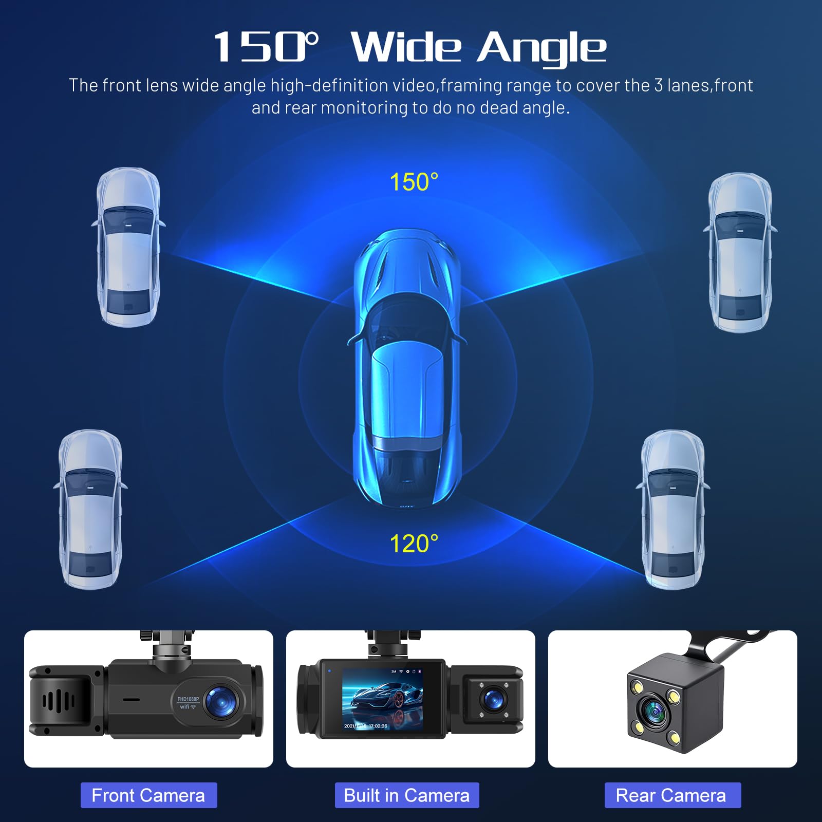 1080P WiFi Dash Cam, 3 Canali Dash Cam Anteriore e Posteriore all'interno, Full HD 2,0 Pollici Schermo IPS Dash Camera per auto con Registrazione in Loop, Visione Notturna, Rilevamento del Movimento