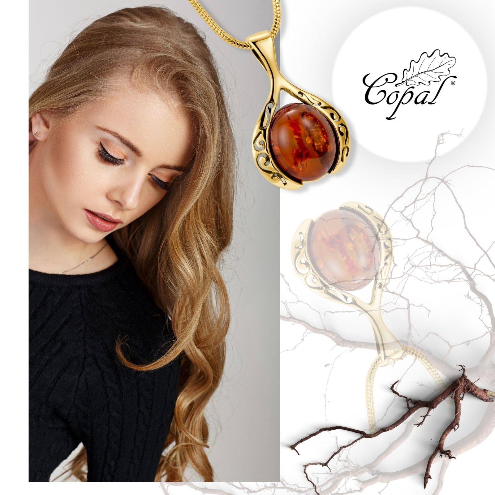 Collana Da Donna Con Pendente Ambra Color Miele E Argento Placcato Oro