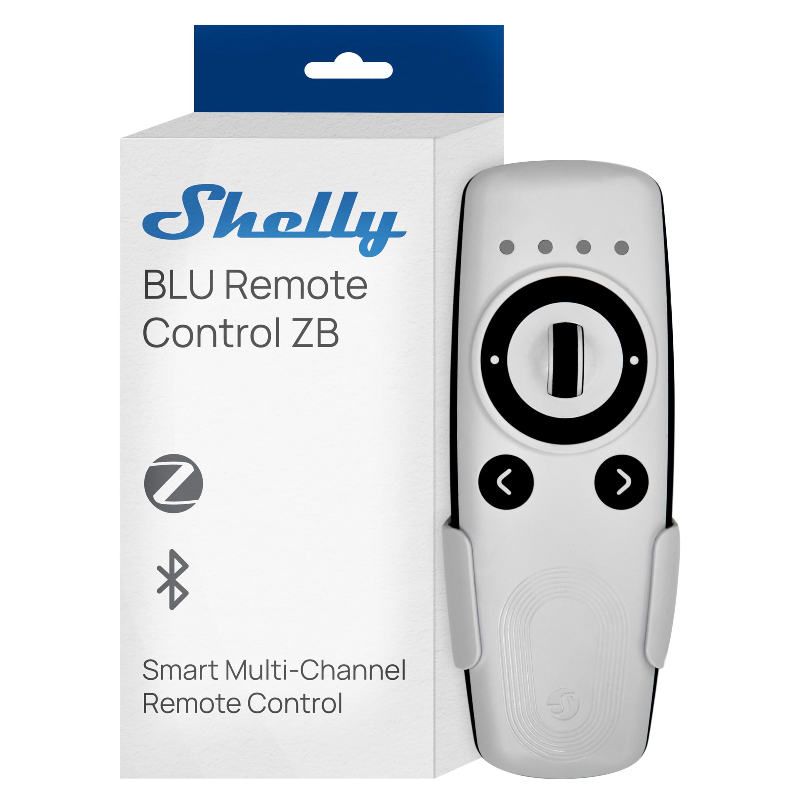 BLU Remote Control ZB Blanc - Télécommande de Domotique Zigbee et Bluetooth, 4 canaux, Contrôle gestuel dispositifs connectés Shelly, Alerte LED et sonore, Compatible Home Assistant