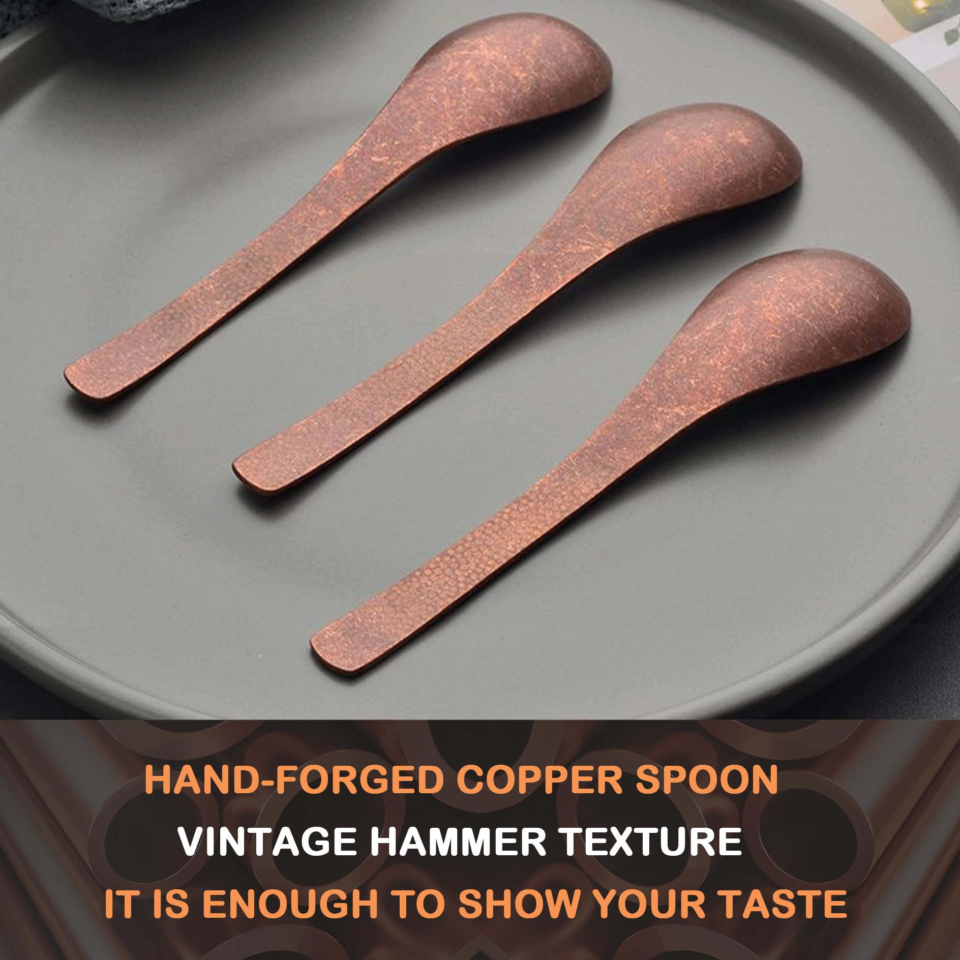 Vaisselle rétro en cuivre, cuillère japonaise faite à la main, texture martelée, adaptée pour la maison et le restaurant – Cuillère à dessert, cuillère à café, cuillère à café (2 pièces)