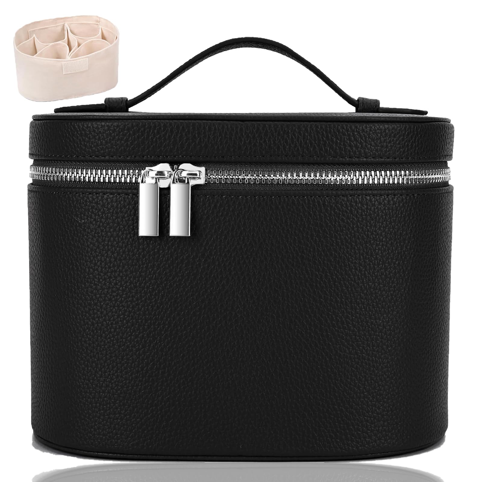 Photo 1 of IEMIEBOAMGNOY Leather Makeup Bag Organizer with Compartments - Standing Travel Cosmetic Bag for Women, Waterproof Vanity Case with Detachable Divider, Black Portable Toiletry Bag