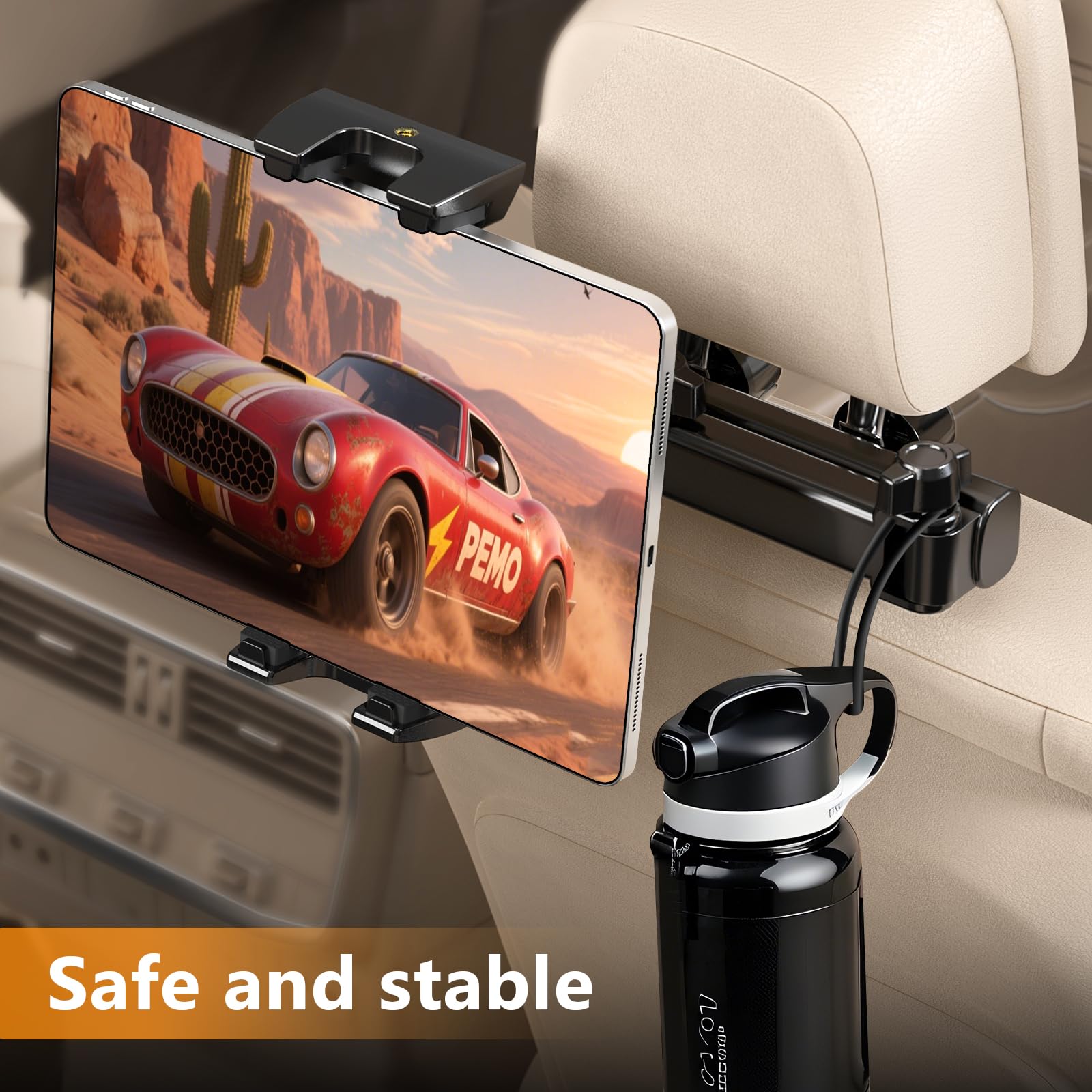 PEMOTech Tablet Halterung Auto, Stärkere Tragfähigkeit Tablethalterungen Auto, Zweiachsig Ausziehbar KFZ Tablet Halter Kopfstütze, Anti-Stoß Tablet für iPad, Switch, 4,7-13 Zoll Geräte