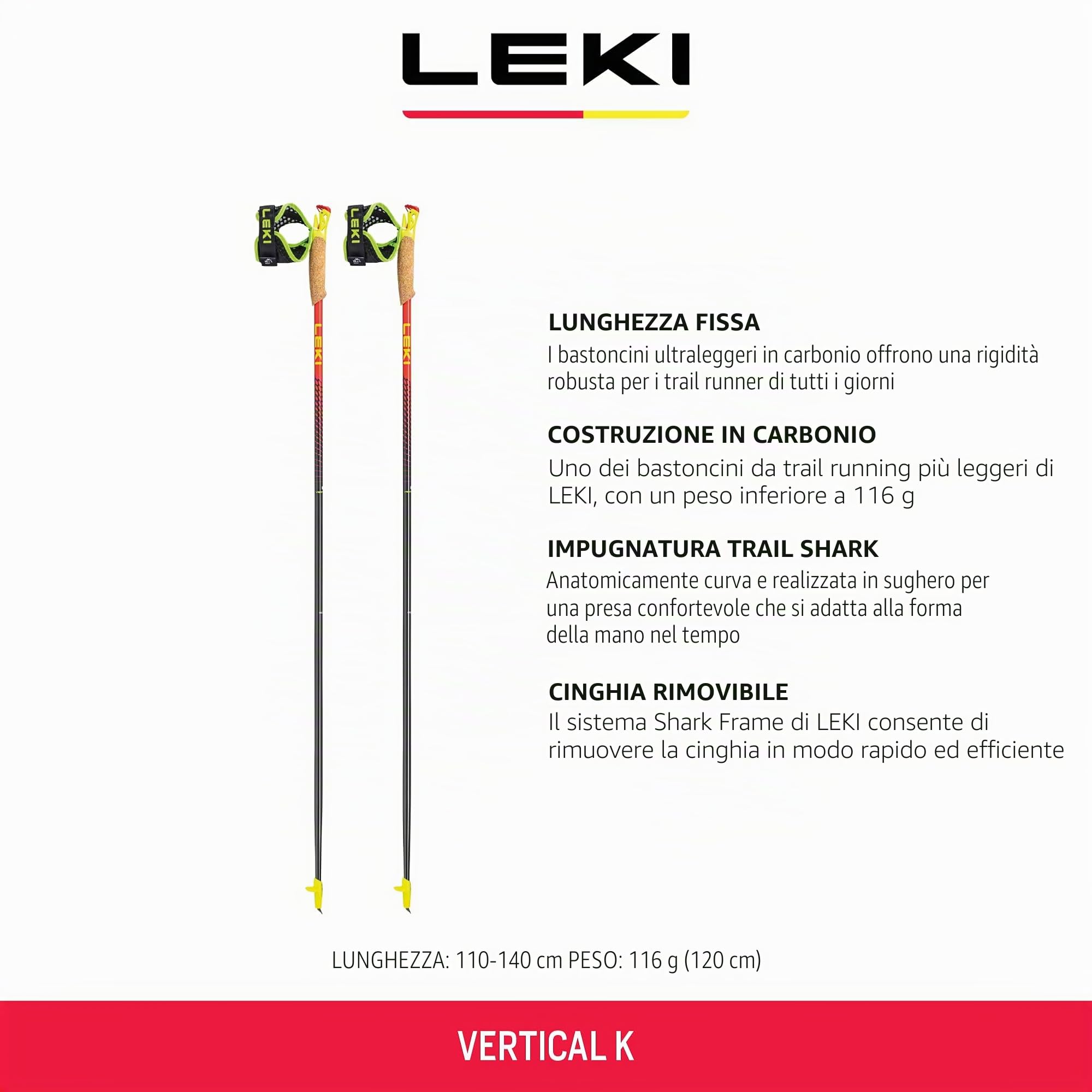 Leki Bastoncini Vertical K, naturalcarbon-Bright Red, 125CM