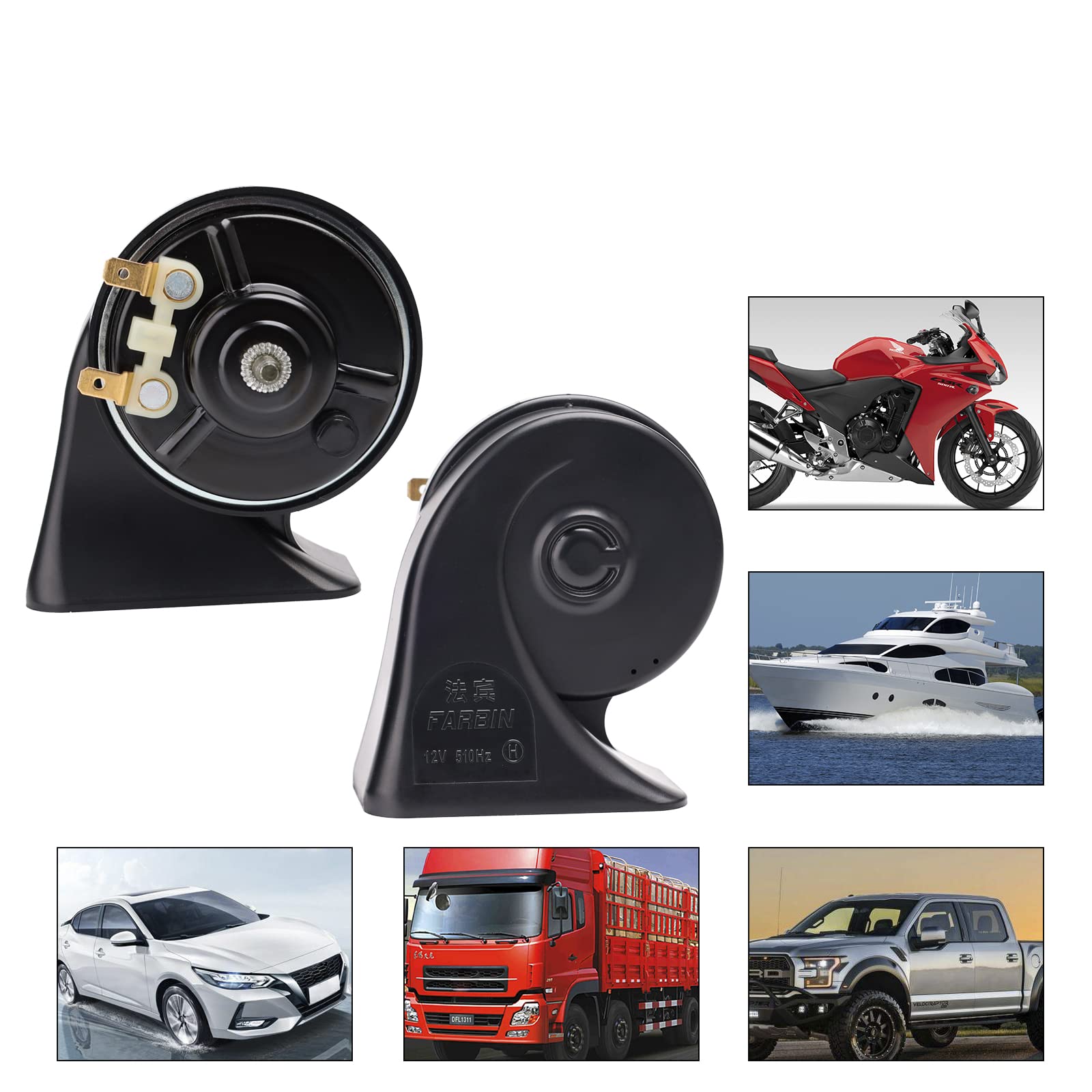 FARBIN Kit de cuerno de coche con botón, impermeable, 12 V, cuerno de caracol eléctrico, cuerno de aire, cuerno de camión, cuerno universal para coche, moto, camión, barco (bocina boutique con arnés