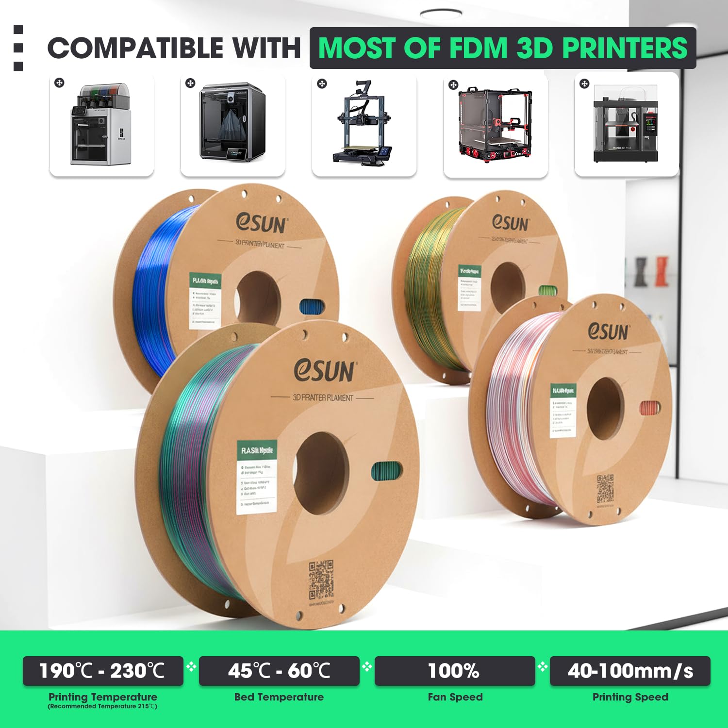 eSUN Filamento per stampante 3D in PLA di seta, 1,75 mm, a tre colori, gradiente, lucido, setoso, precisione dimensionale +/-0,03 mm, bobina di cartone da 1 kg, oro verde e nero, tripli colori