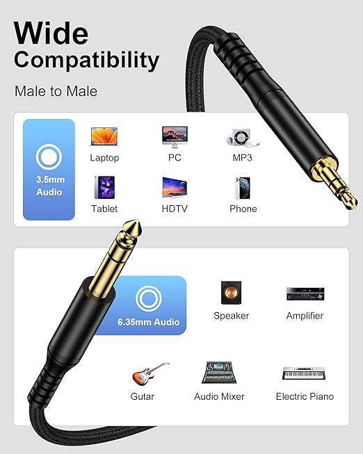 Cable de audio estéreo 3.5mm a 6.35mm, trenzado, 2m, AILKIN miniatura 7