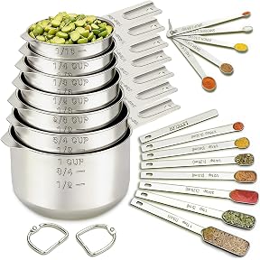 Simply Gourmet Measuring Cups and Spoons Set of 12 – 18/10 Stainless Steel Kitchen Gadgets – Stackable Design with Long Handle Spoons – Fits in Jars – Cooking & Baking Measuring Set for Dry & Liquid