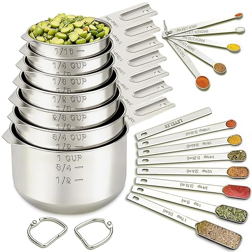 EWFEN Measuring Cups and Spoons Set, 7 Stainless Steel Nesting Measuring Cups & 7 Spoons, 5 Mini Measuring Spoons &1 Leveler, Kitchen Gadgets for Cooking & Baking, Square