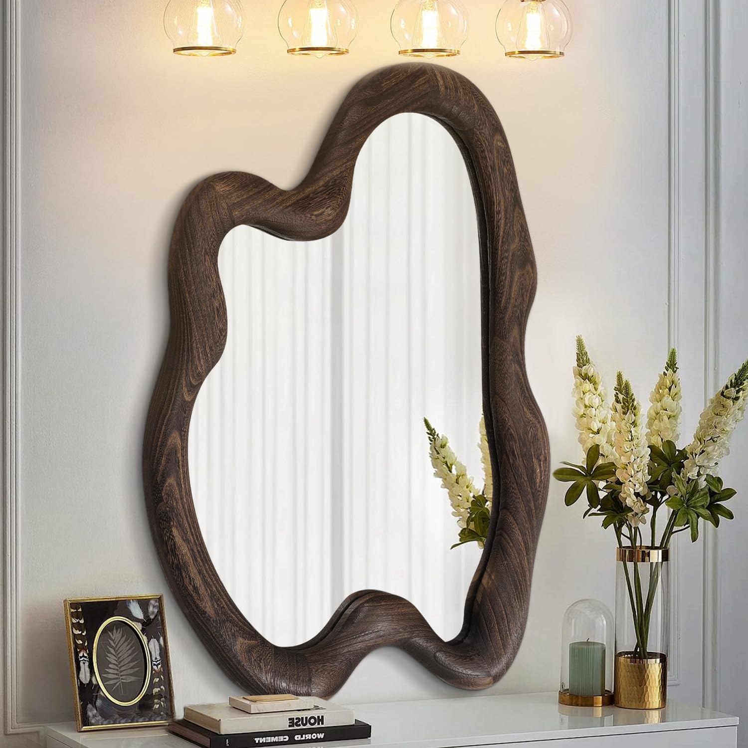 Aazzkang Retro Brown Large Rustic Wall Mirror With Wooden Frame Vintage Irregular Wall Mirror 28"X20"Asymmetrical Hanging Mirror For Bathroom Bedroom Living Room Entryway