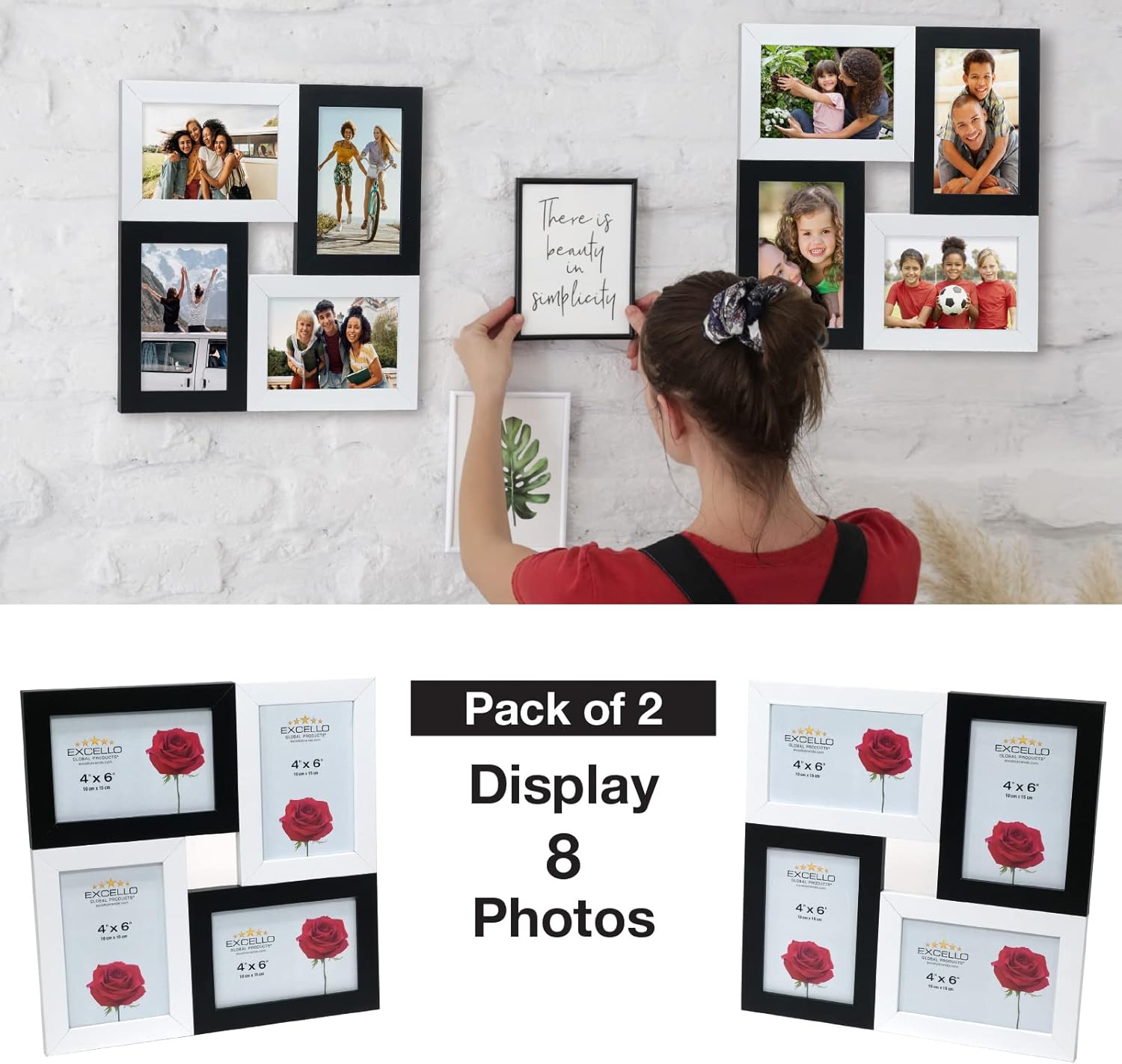 EXCELLO GLOBAL PRODUCTS 4x6 Collage Frame, Holds four photos, Black and White, 2-pack