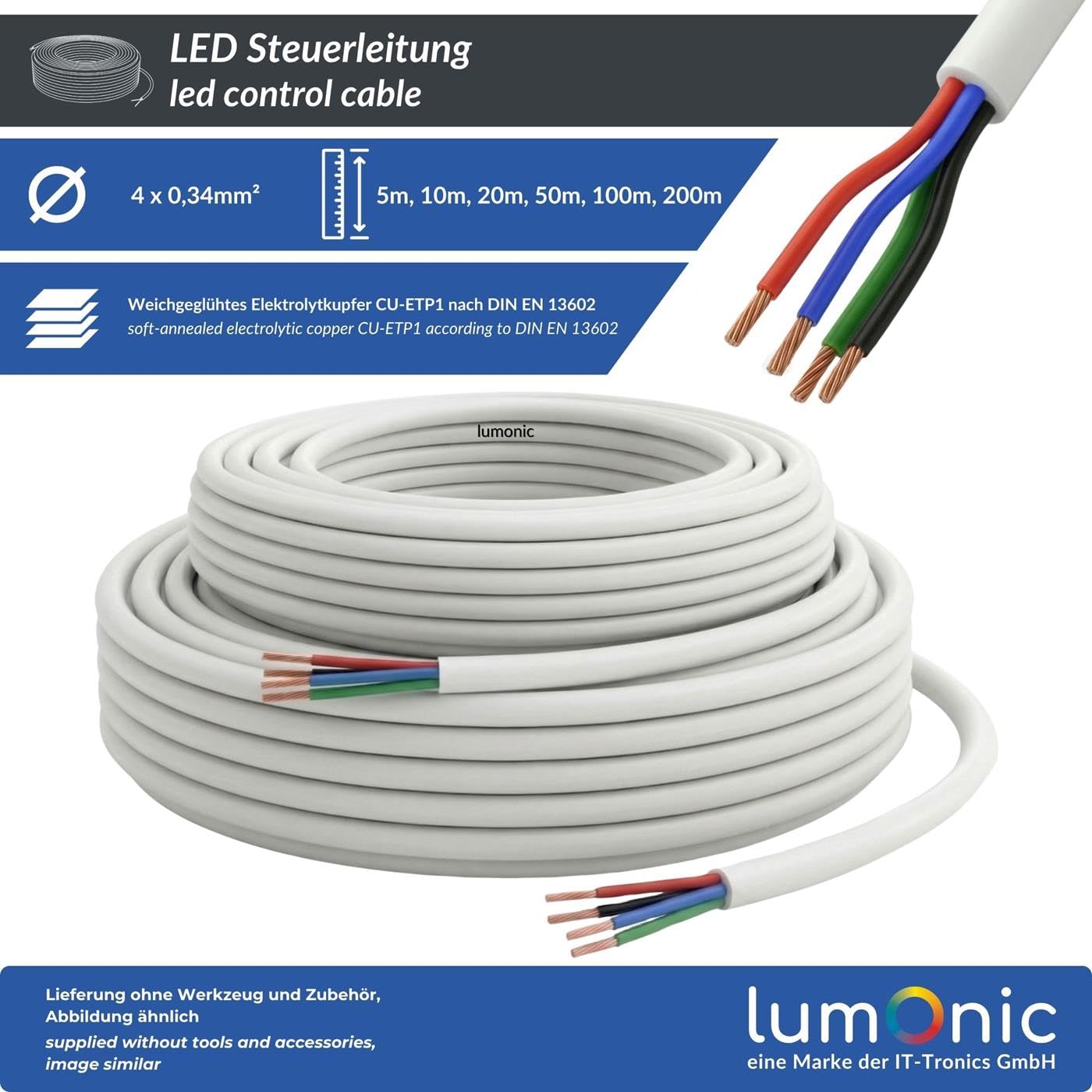 Lumonic 4x0,34mm² RGB LED Steuerleitung 10m | ummanteltes 4 adriges Kabel flexibel | LiYY Verlängerung, Stromkabel, LED Zuleitung, Steuerkabel